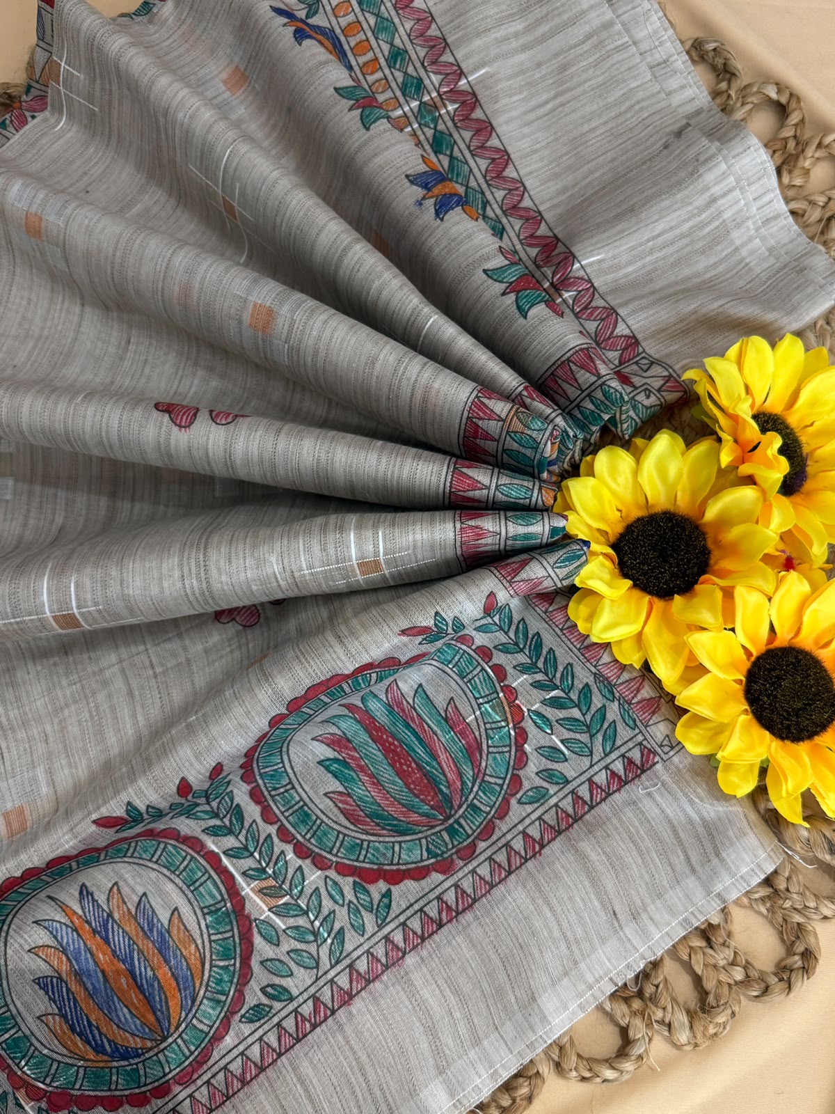 Pure Linen Madhubani Print Saree