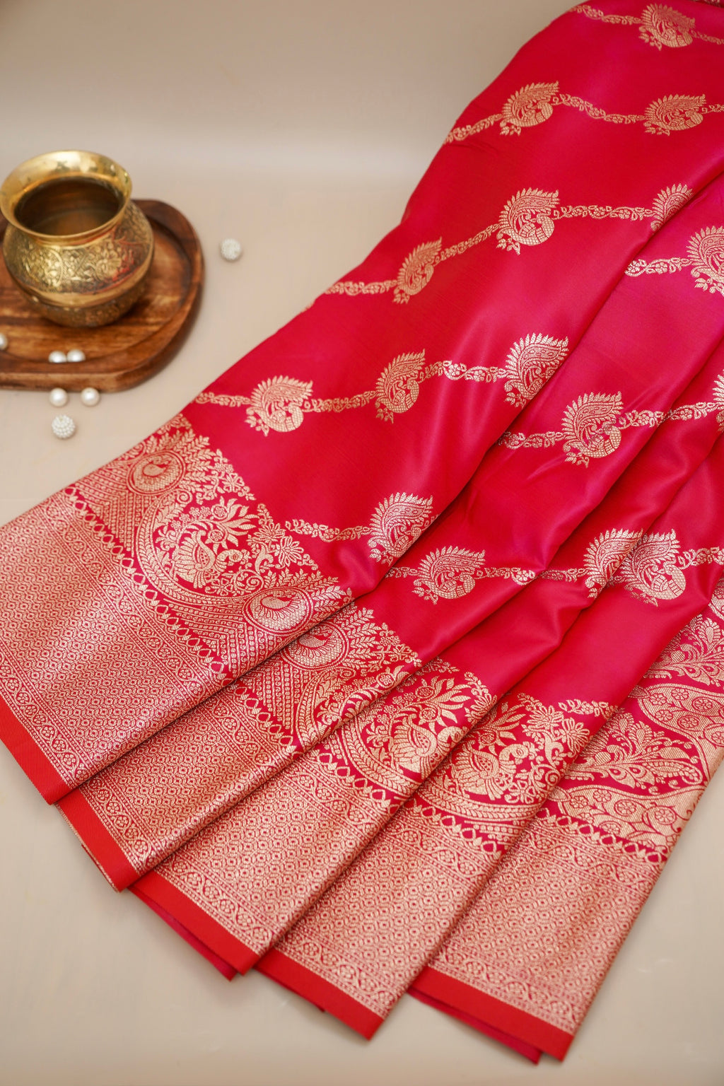 Rani Pink Mashroo Silk Saree with Zari Buti and Ornate Border