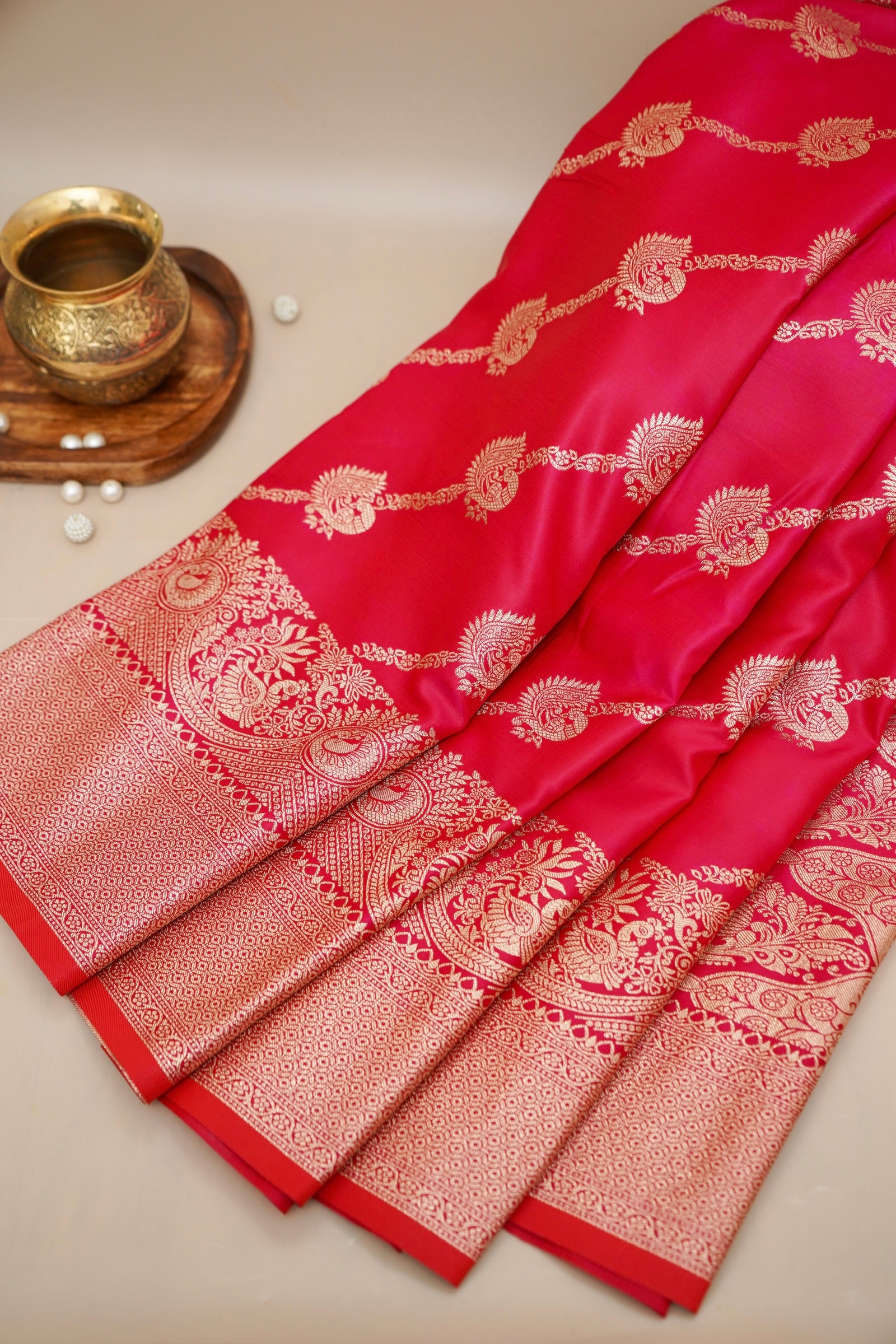 Rani Pink Mashroo Silk Saree with Zari Buti and Ornate Border
