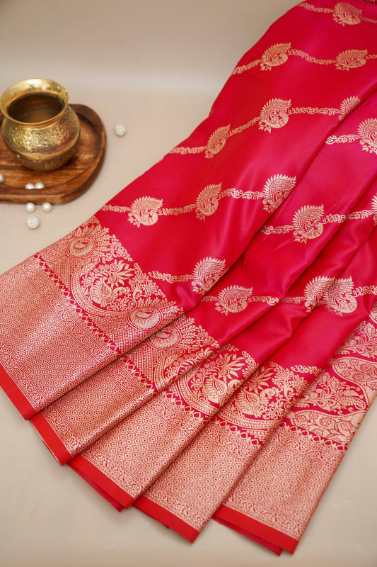 Rani Pink Mashroo Silk Saree with Zari Buti and Ornate Border