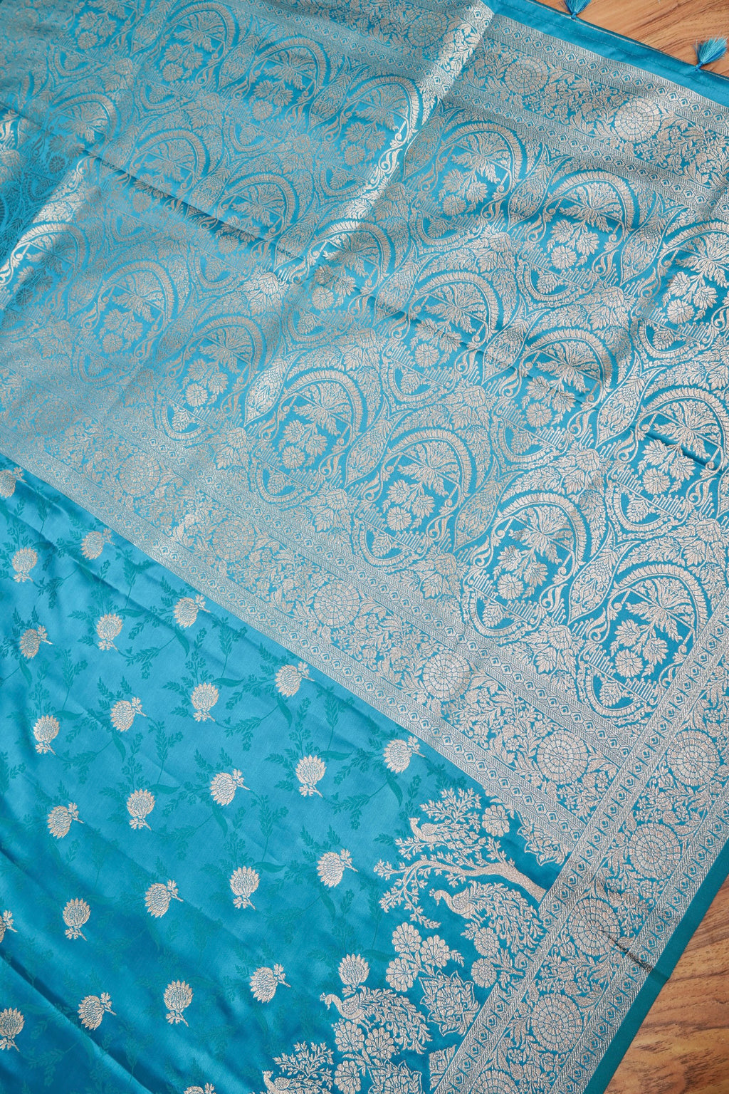 Steel Blue Mashroo Silk Saree with Zari Buti and Ornate Border