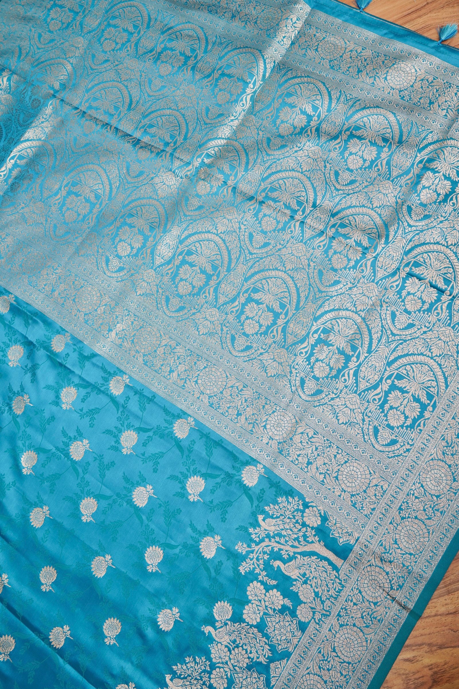 Steel Blue Mashroo Silk Saree with Zari Buti and Ornate Border