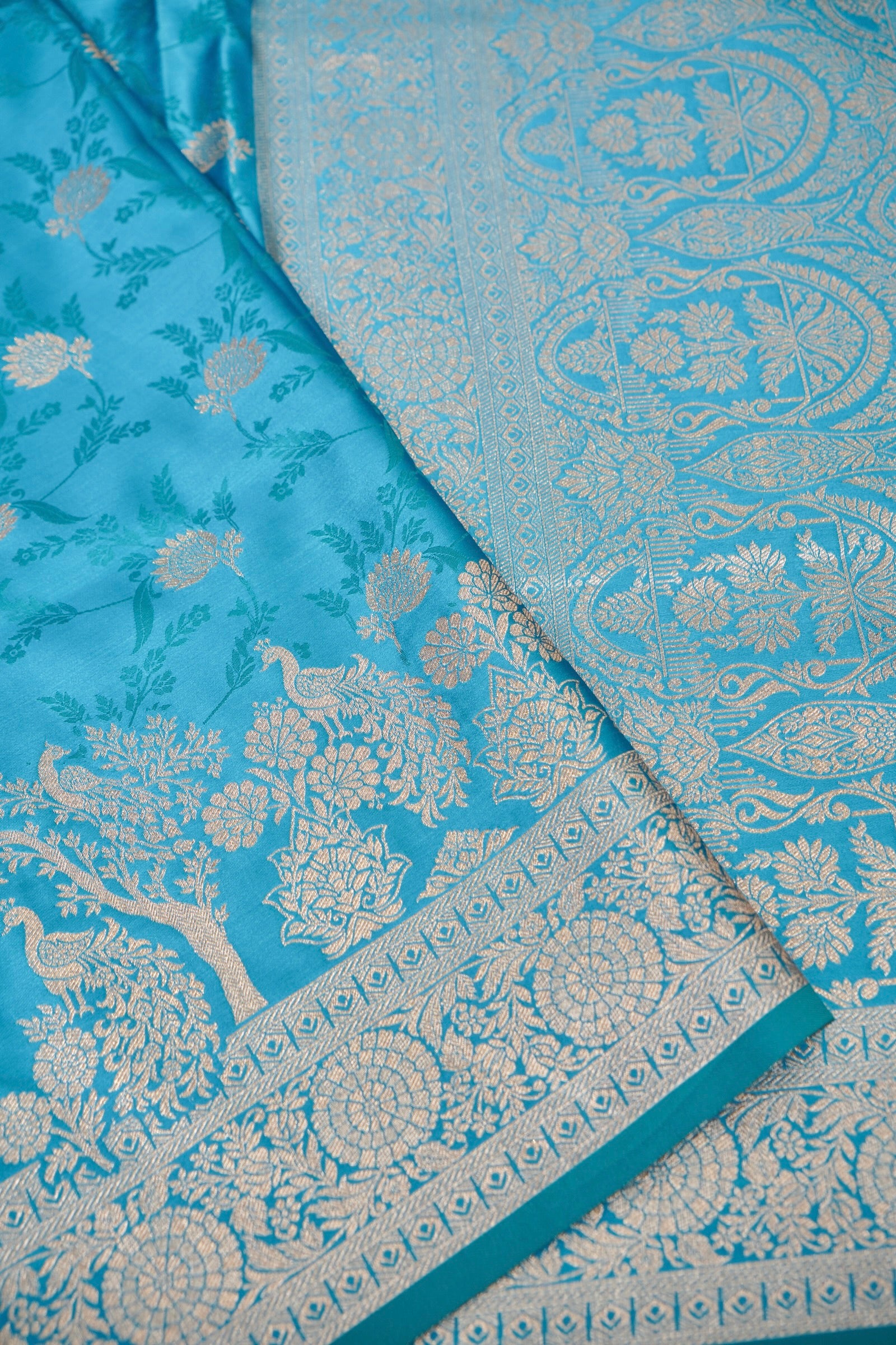 Steel Blue Mashroo Silk Saree with Zari Buti and Ornate Border