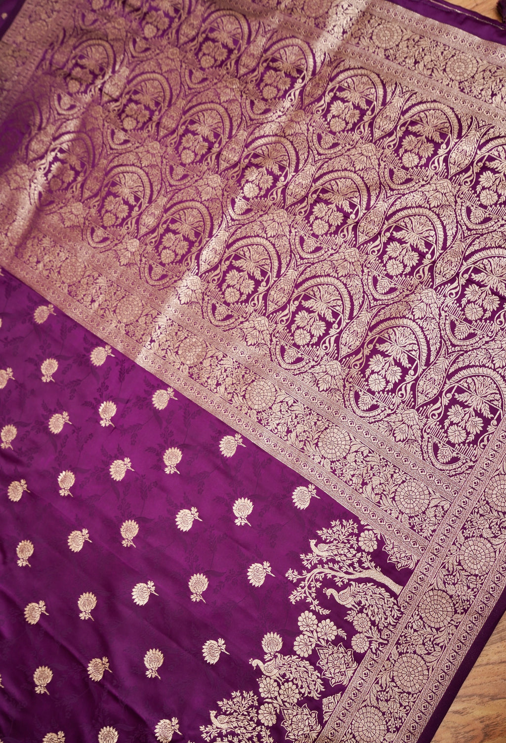 Wine Purple Mashroo Silk Saree with Floral Zari Weaving