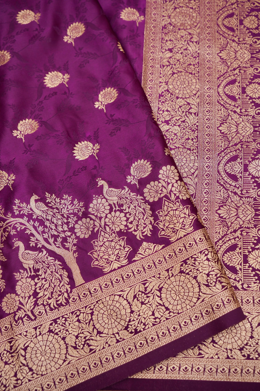 Wine Purple Mashroo Silk Saree with Floral Zari Weaving