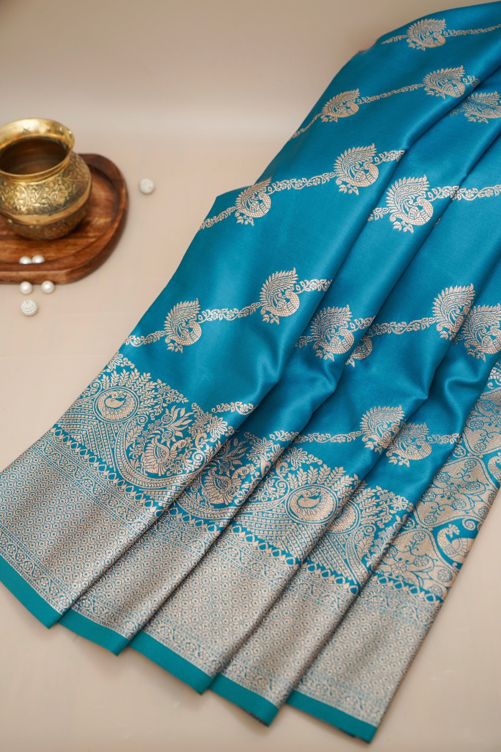 Turquoise Blue Mashroo Silk Saree with Zari Buti and Ornate Border