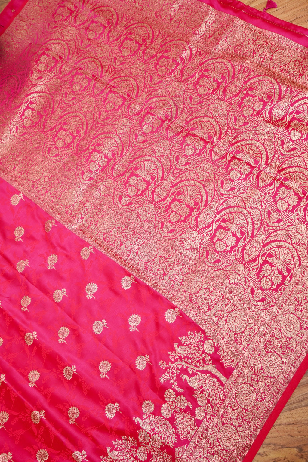 Rose Pink Mashroo Silk Saree with Zari Buti and Ornate Border