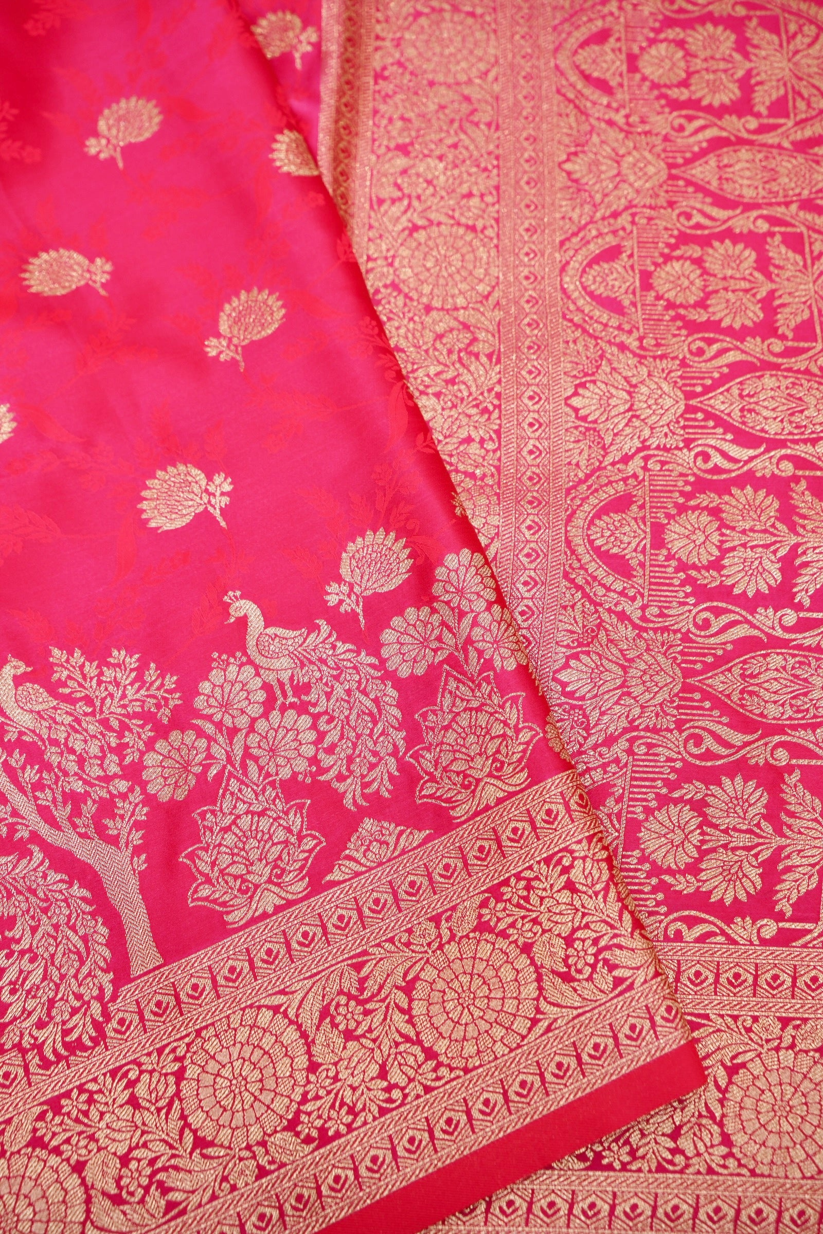 Rose Pink Mashroo Silk Saree with Zari Buti and Ornate Border
