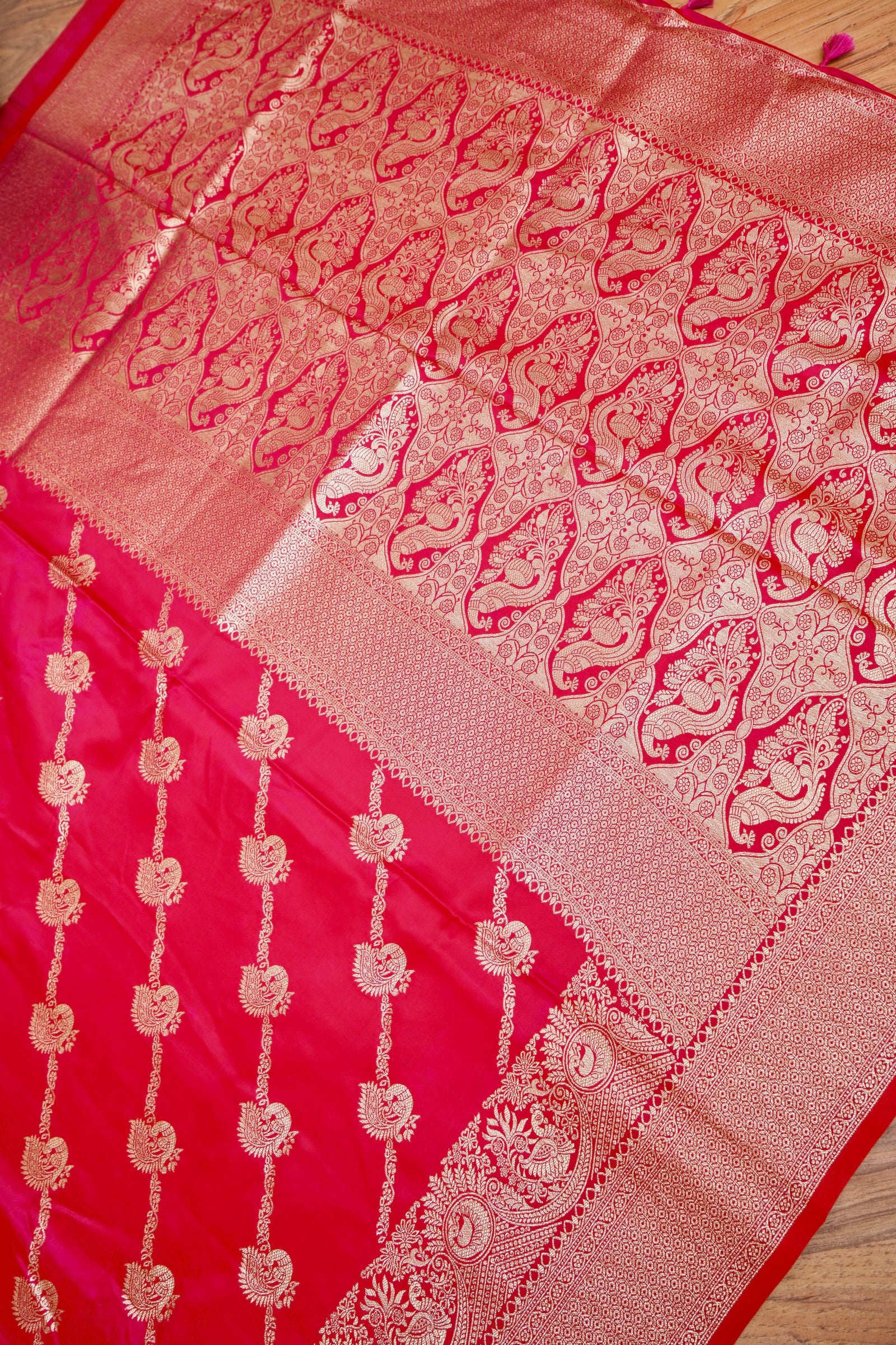Rani Pink Mashroo Silk Saree with Zari Buti and Ornate Border
