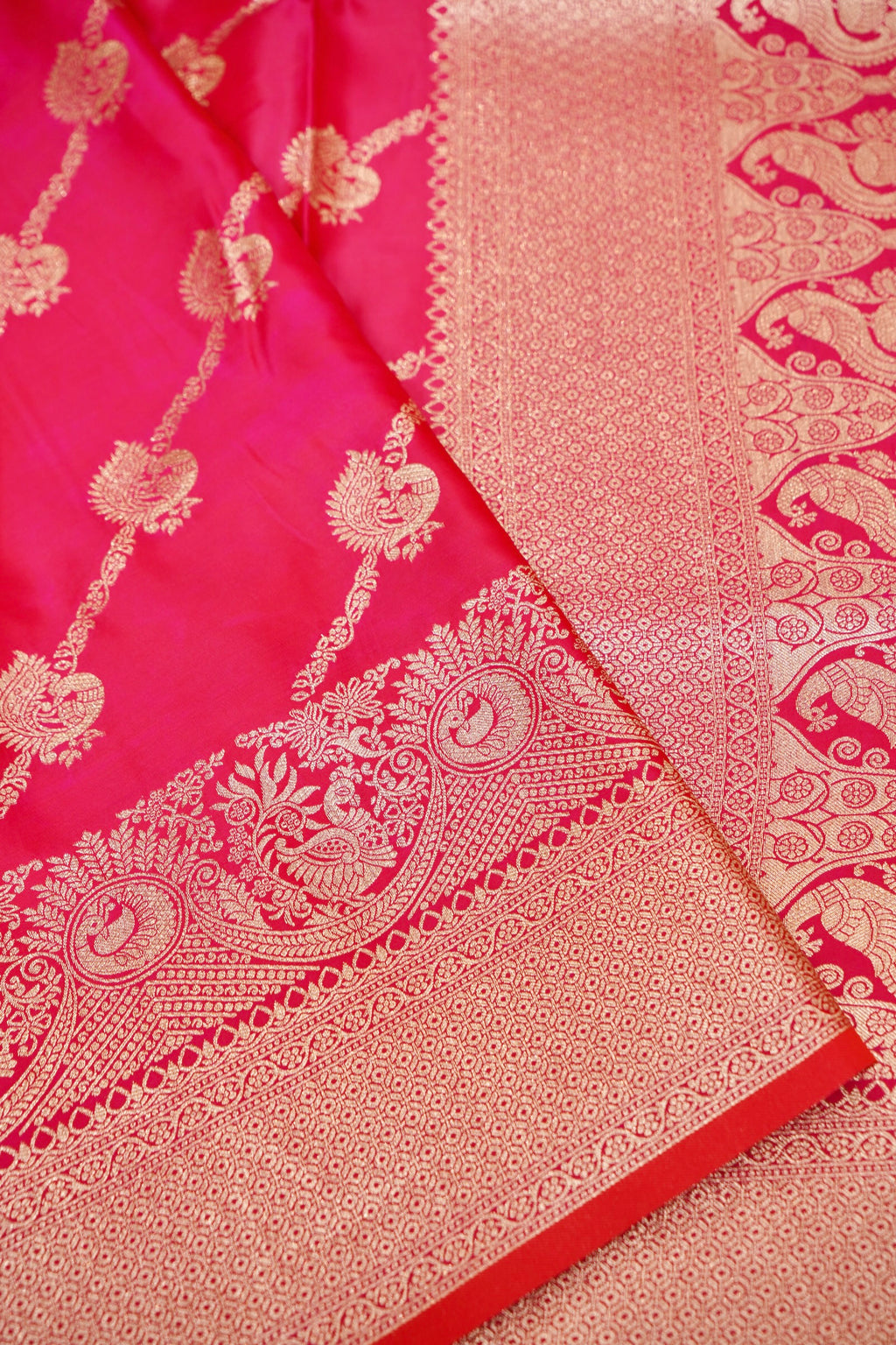 Rani Pink Mashroo Silk Saree with Zari Buti and Ornate Border