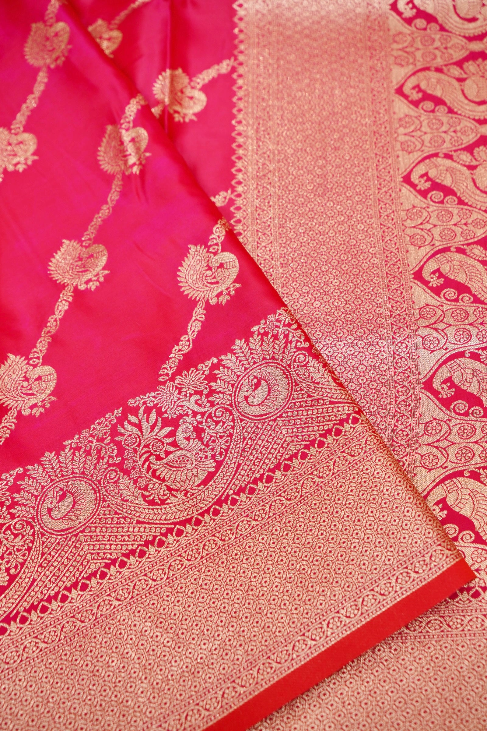 Rani Pink Mashroo Silk Saree with Zari Buti and Ornate Border