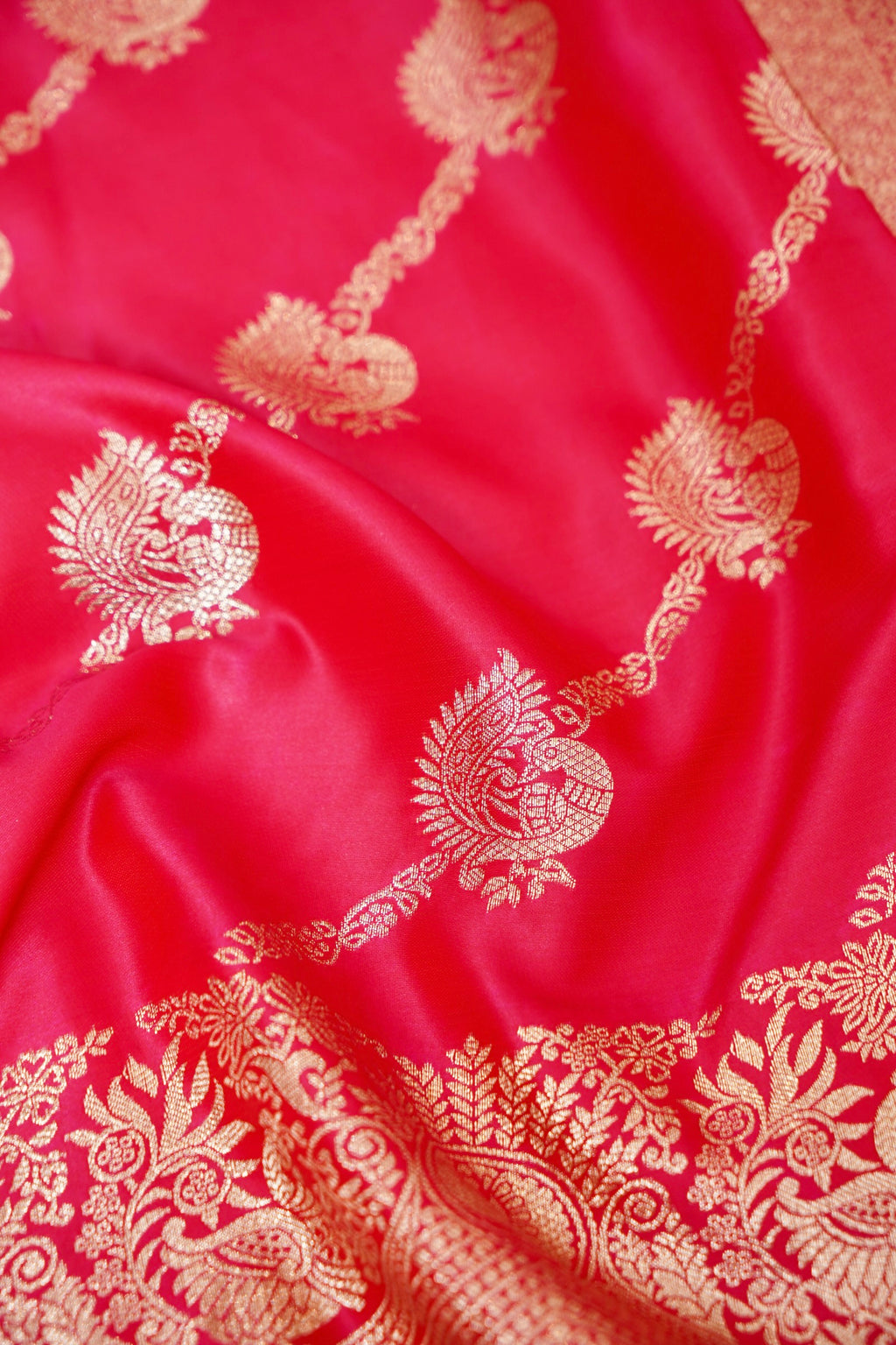 Rani Pink Mashroo Silk Saree with Zari Buti and Ornate Border