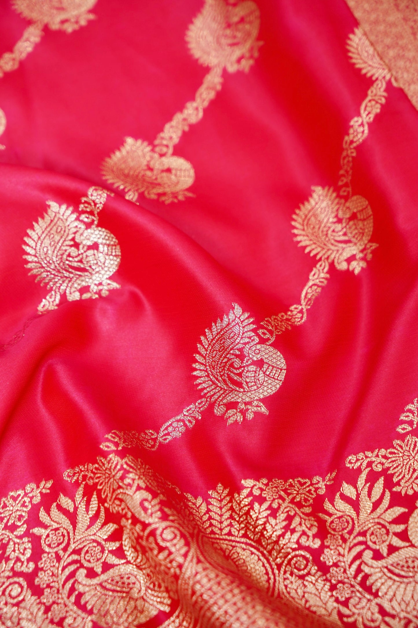 Rani Pink Mashroo Silk Saree with Zari Buti and Ornate Border