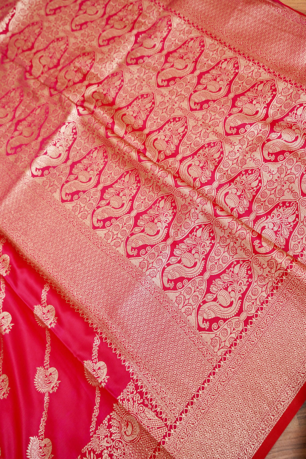 Rani Pink Mashroo Silk Saree with Zari Buti and Ornate Border
