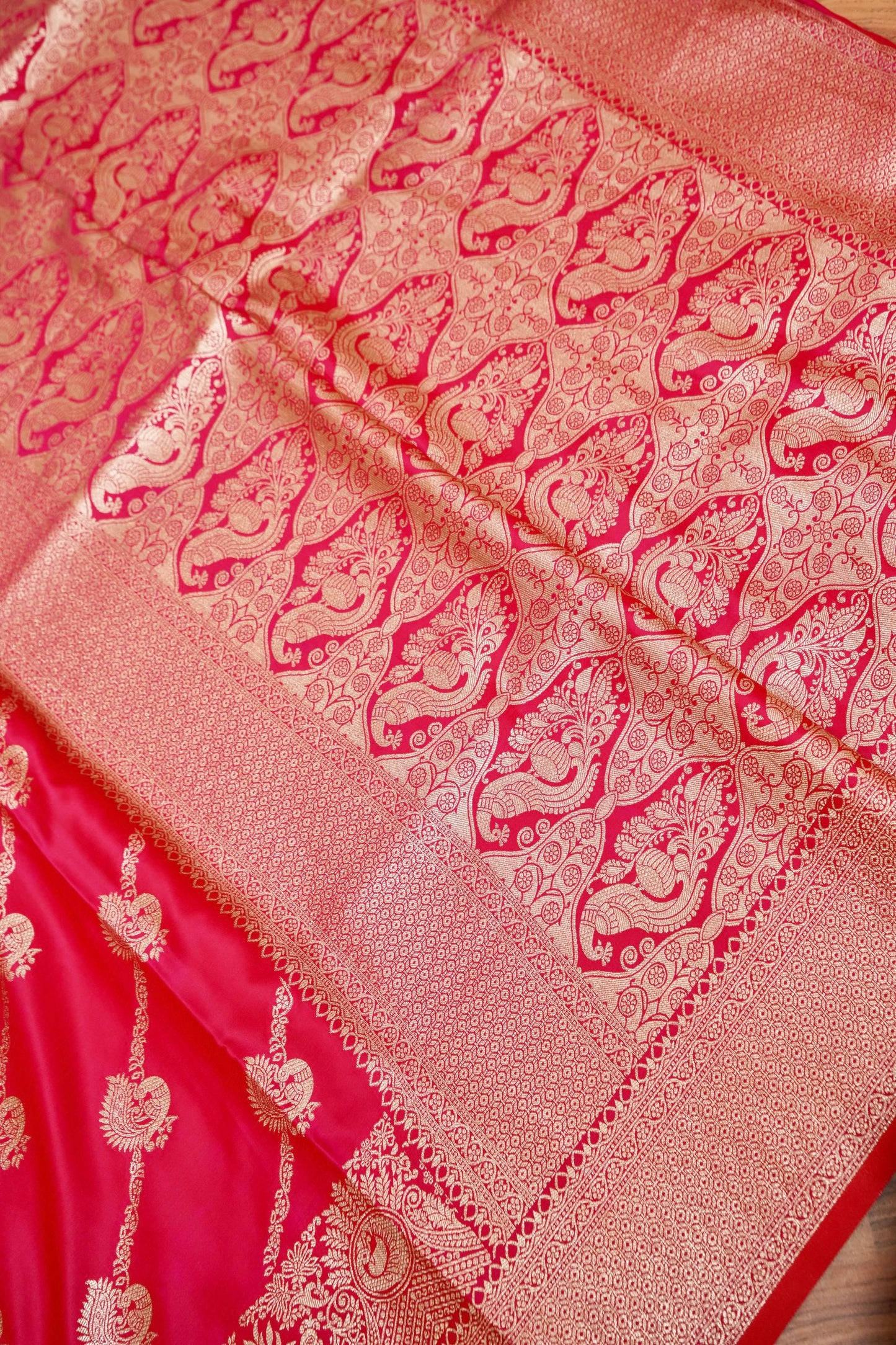 Rani Pink Mashroo Silk Saree with Zari Buti and Ornate Border