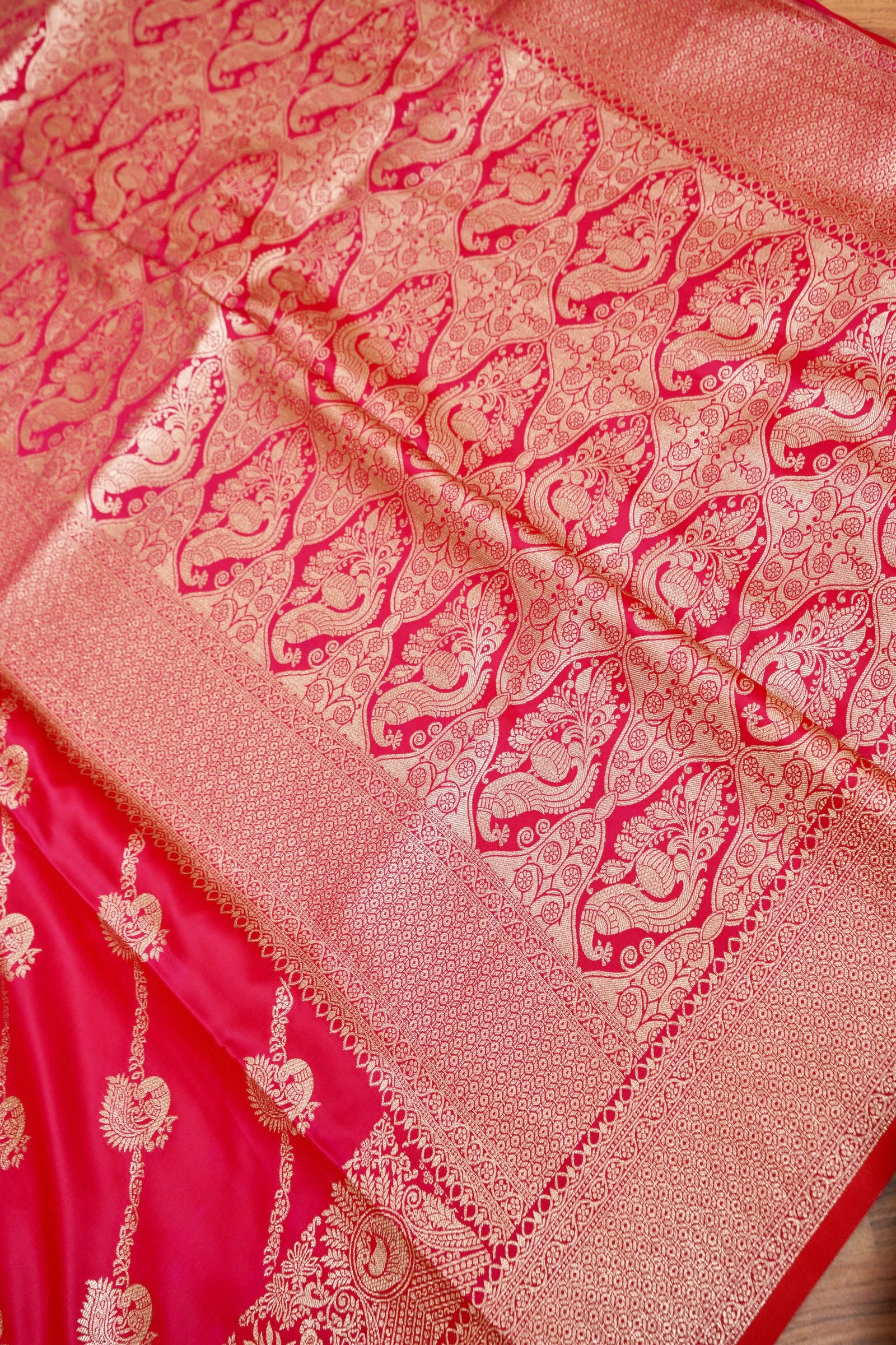 Rani Pink Mashroo Silk Saree with Zari Buti and Ornate Border