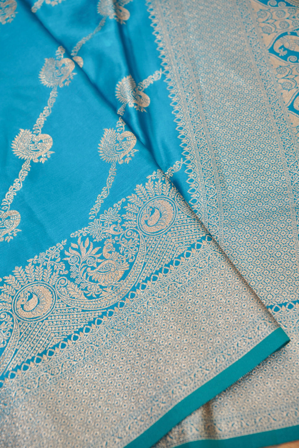 Turquoise Blue Mashroo Silk Saree with Zari Buti and Ornate Border