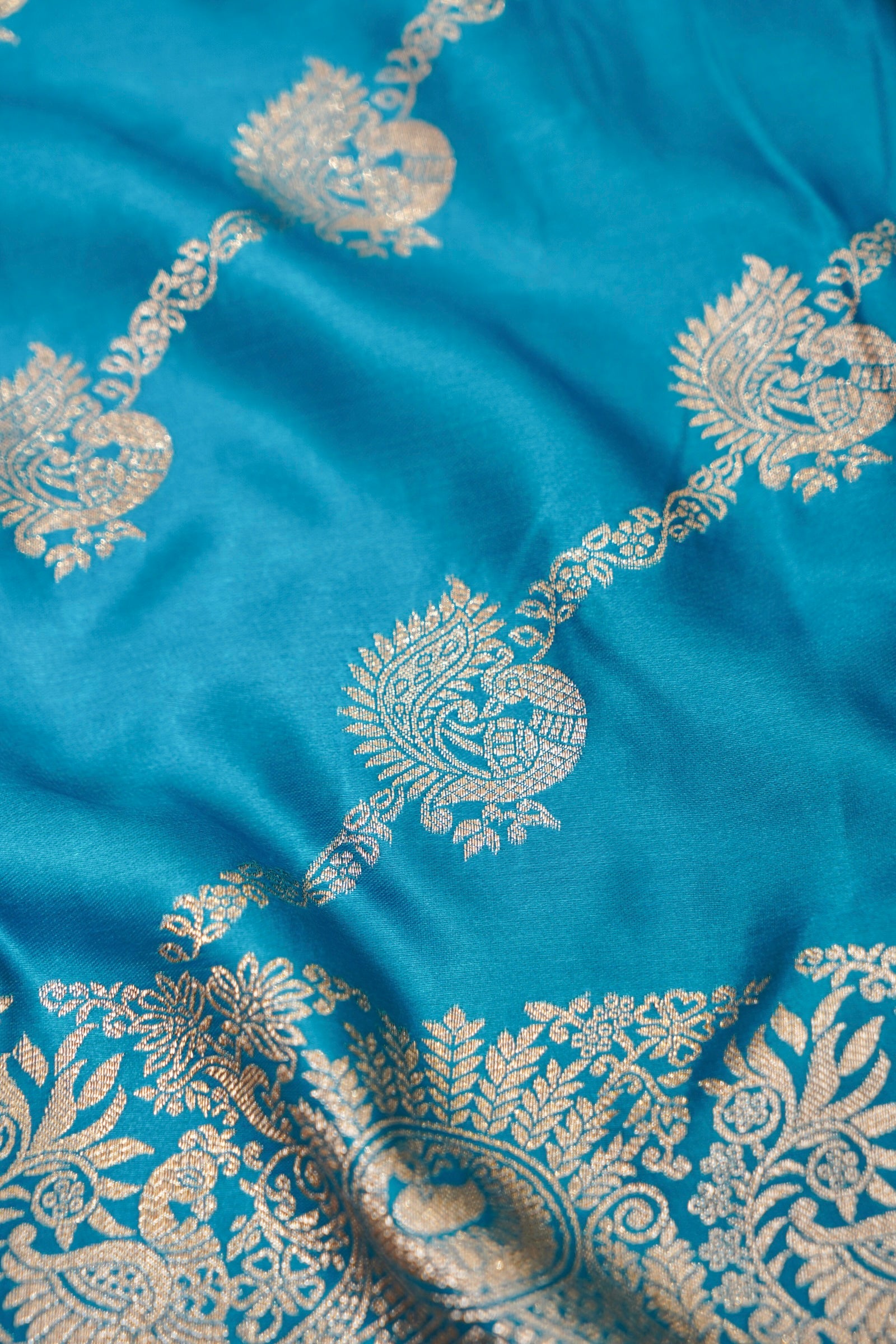 Turquoise Blue Mashroo Silk Saree with Zari Buti and Ornate Border