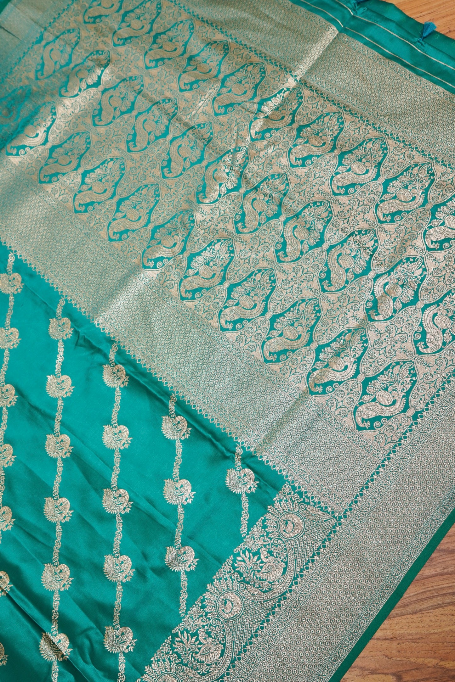 Teal Green Mashroo Silk Saree with Zari Buti and Ornate Border