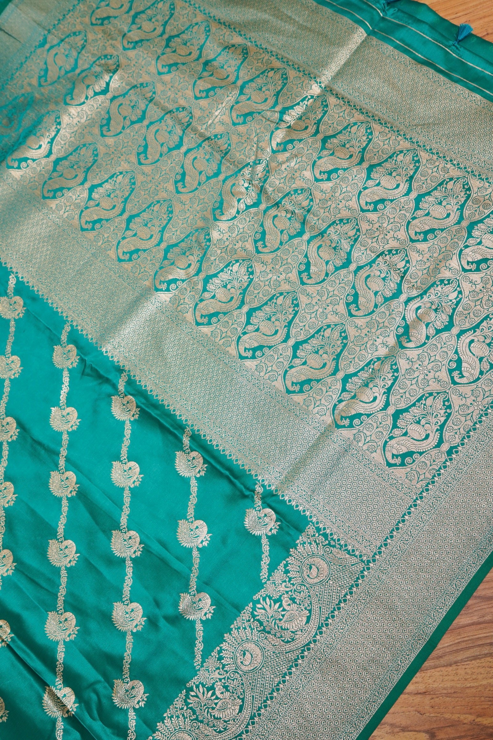 Teal Green Mashroo Silk Saree with Zari Buti and Ornate Border