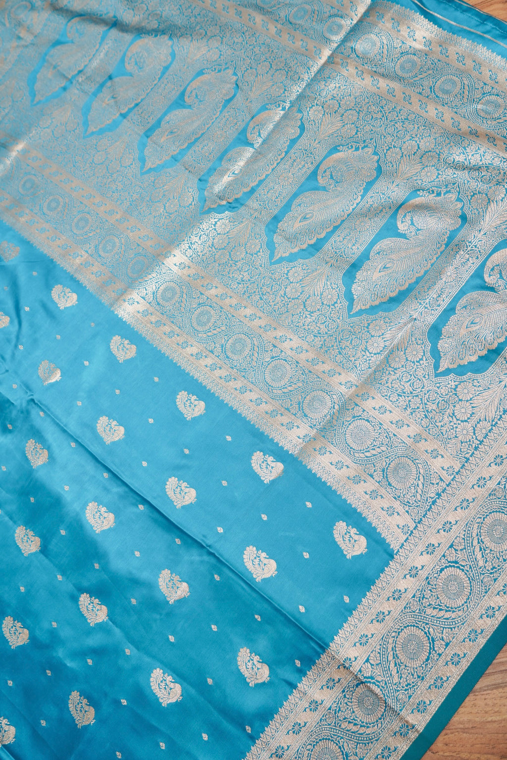Sky Blue Mashroo Silk Saree with Zari Buti and Ornate Border