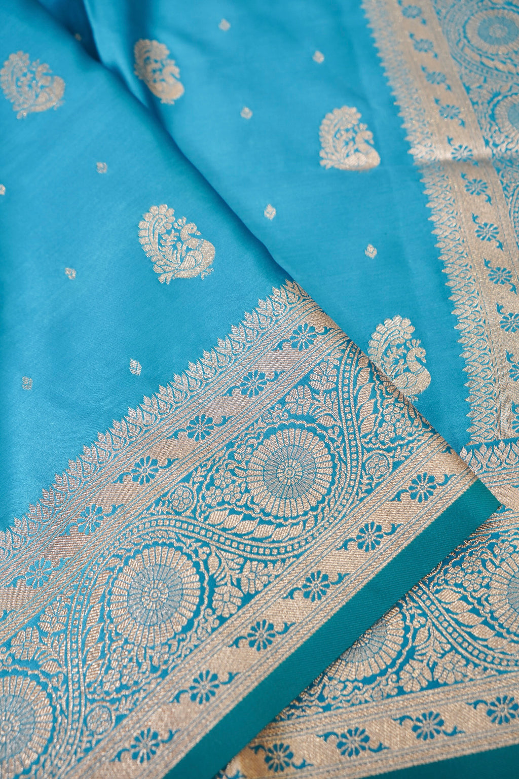 Sky Blue Mashroo Silk Saree with Zari Buti and Ornate Border