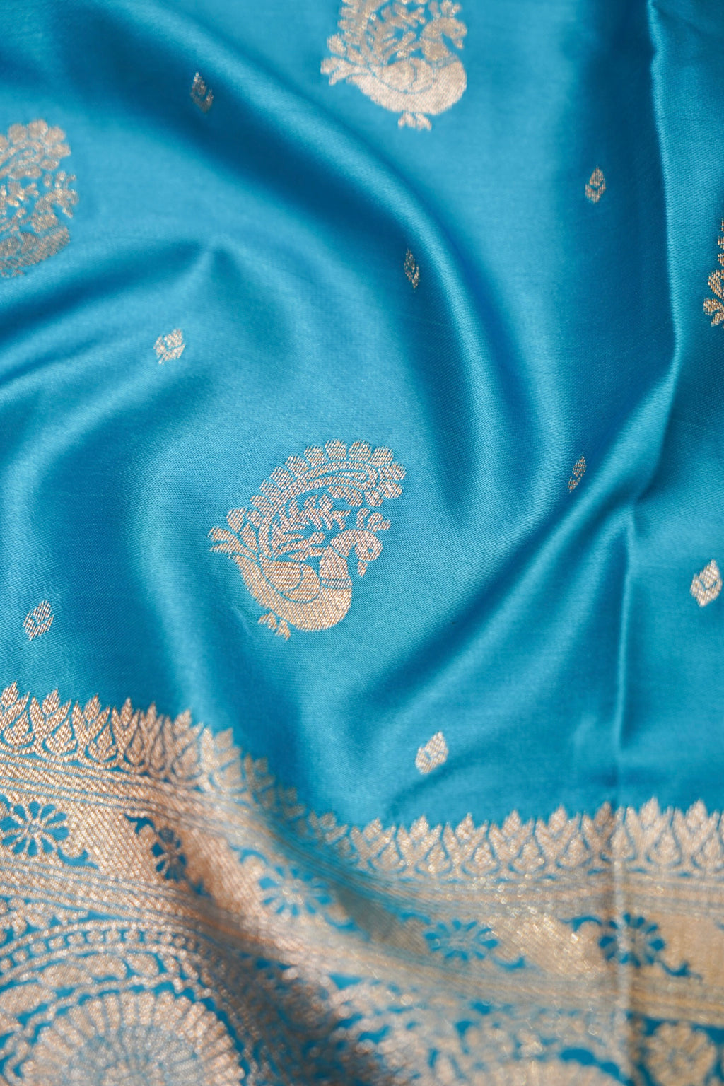 Sky Blue Mashroo Silk Saree with Zari Buti and Ornate Border
