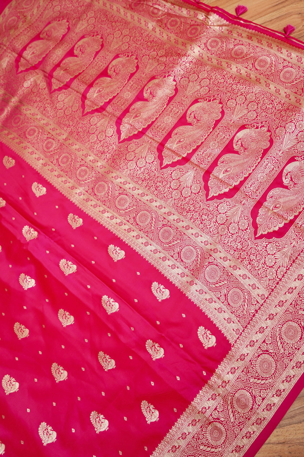 Hot Pink Mashroo Silk Saree with Zari Buti and Ornate Border