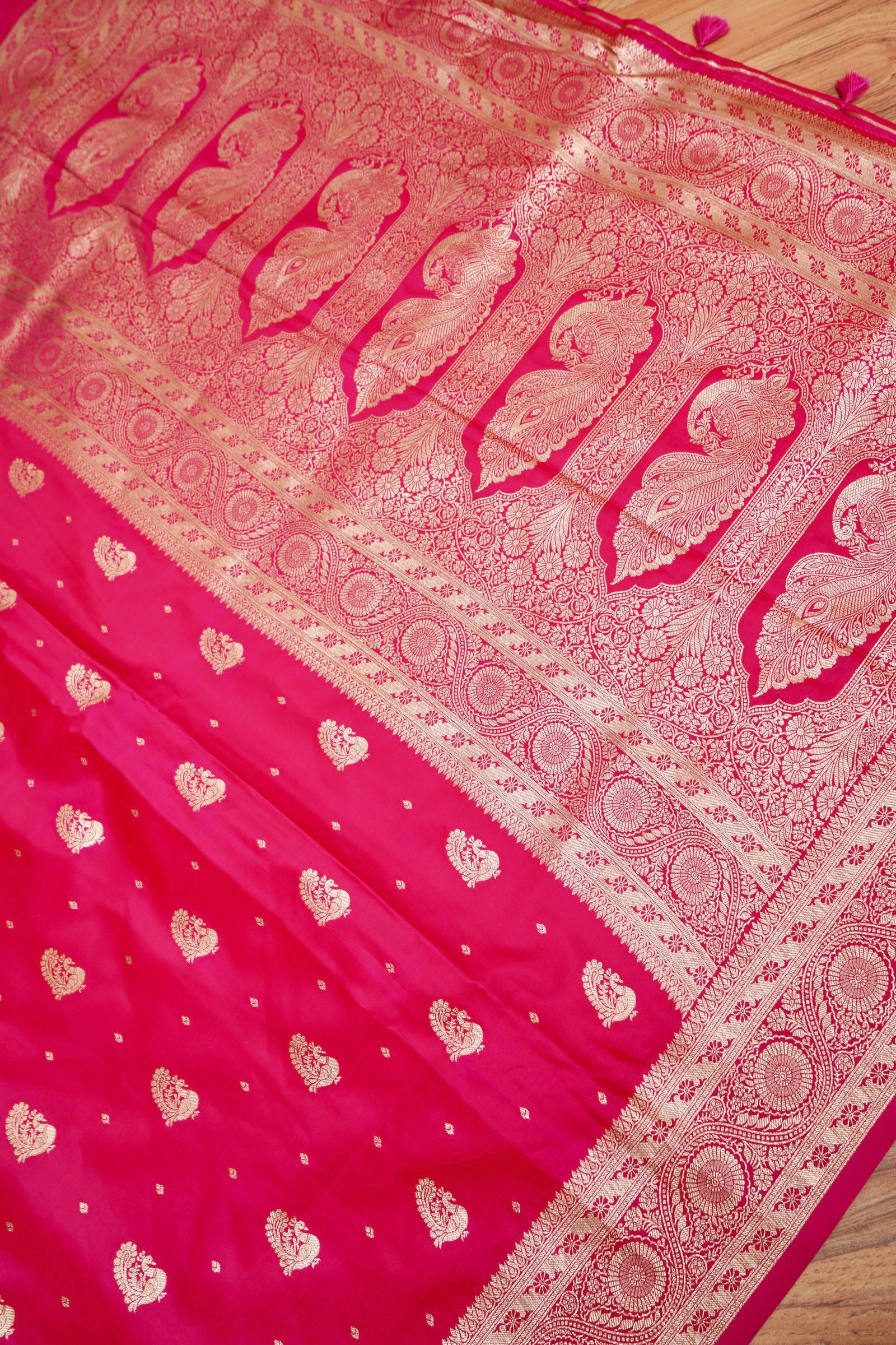 Hot Pink Mashroo Silk Saree with Zari Buti and Ornate Border