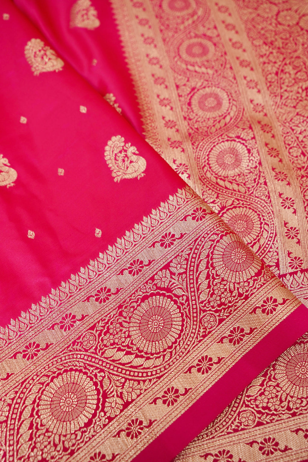 Hot Pink Mashroo Silk Saree with Zari Buti and Ornate Border