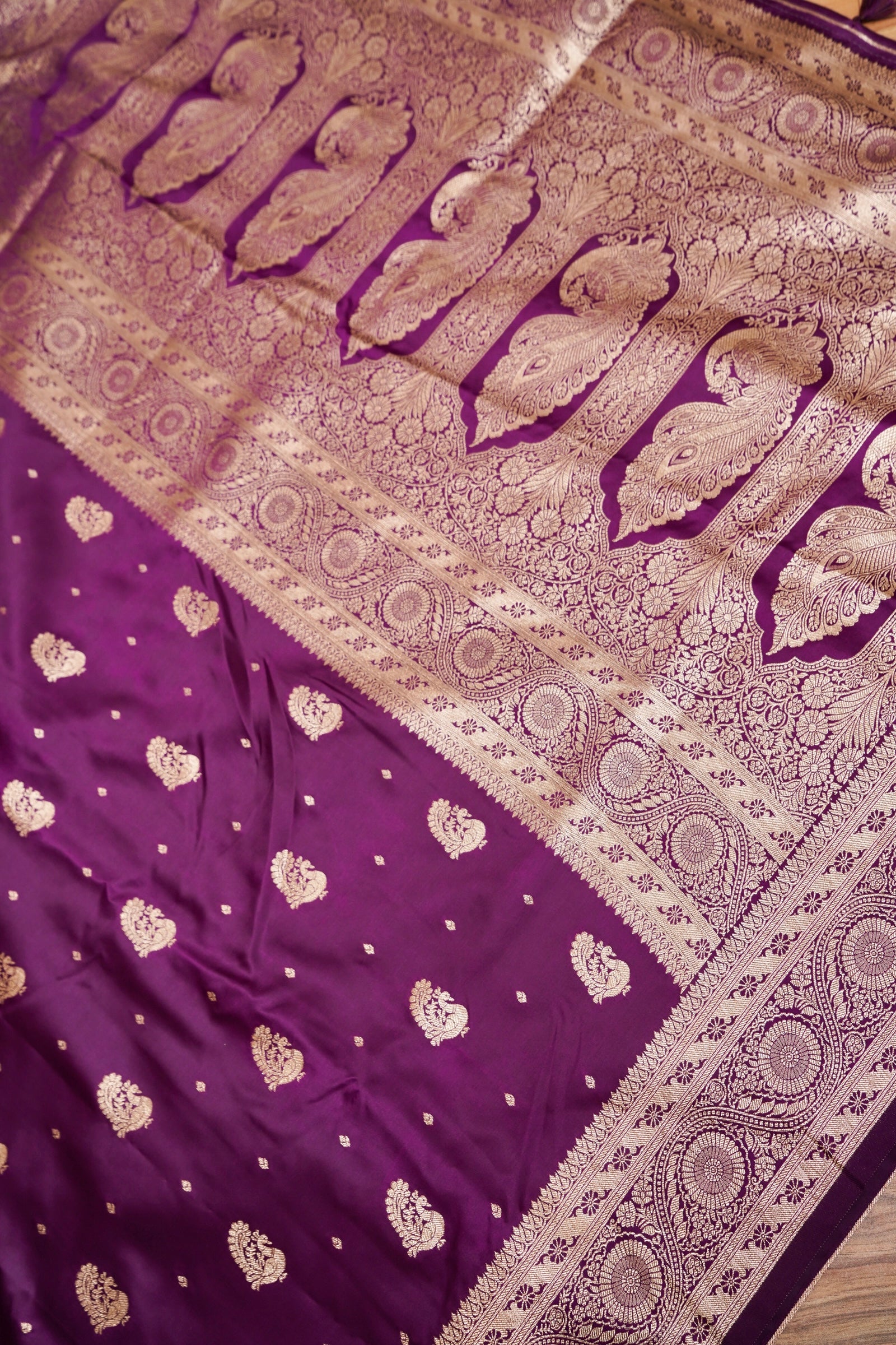 Royal Purple Mashroo Silk Saree with Zari Buti and Ornate Border