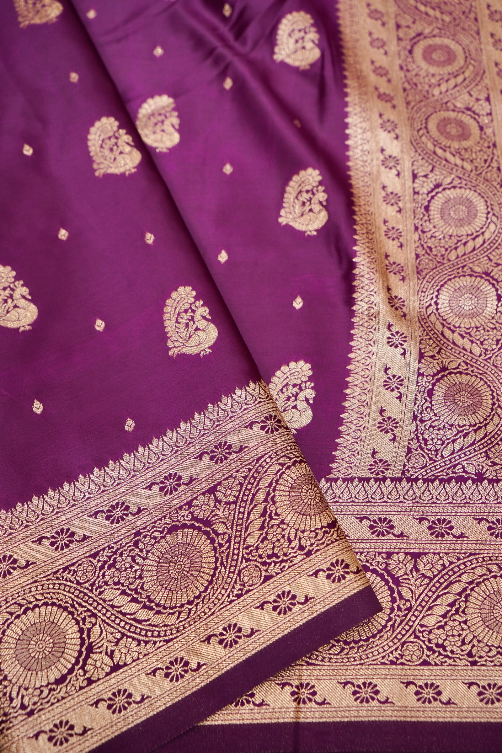 Royal Purple Mashroo Silk Saree with Zari Buti and Ornate Border