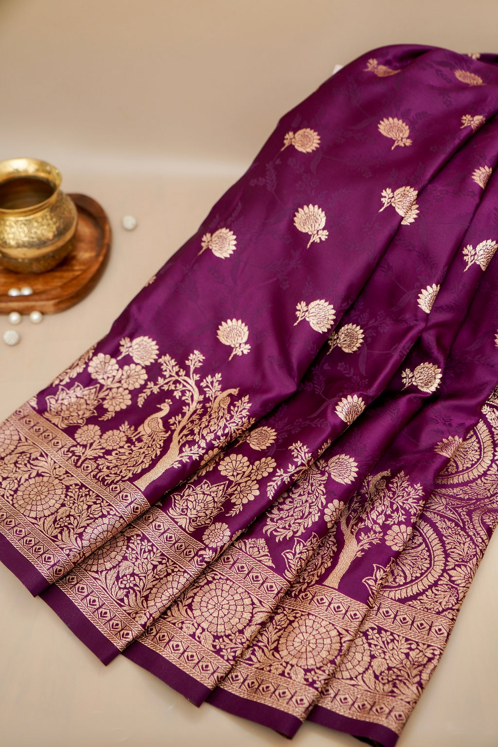 Wine Purple Mashroo Silk Saree with Floral Zari Weaving