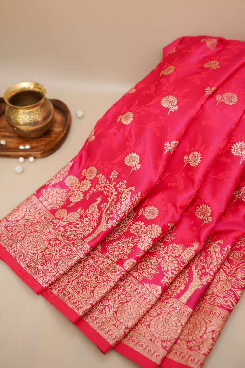 Rose Pink Mashroo Silk Saree with Zari Buti and Ornate Border