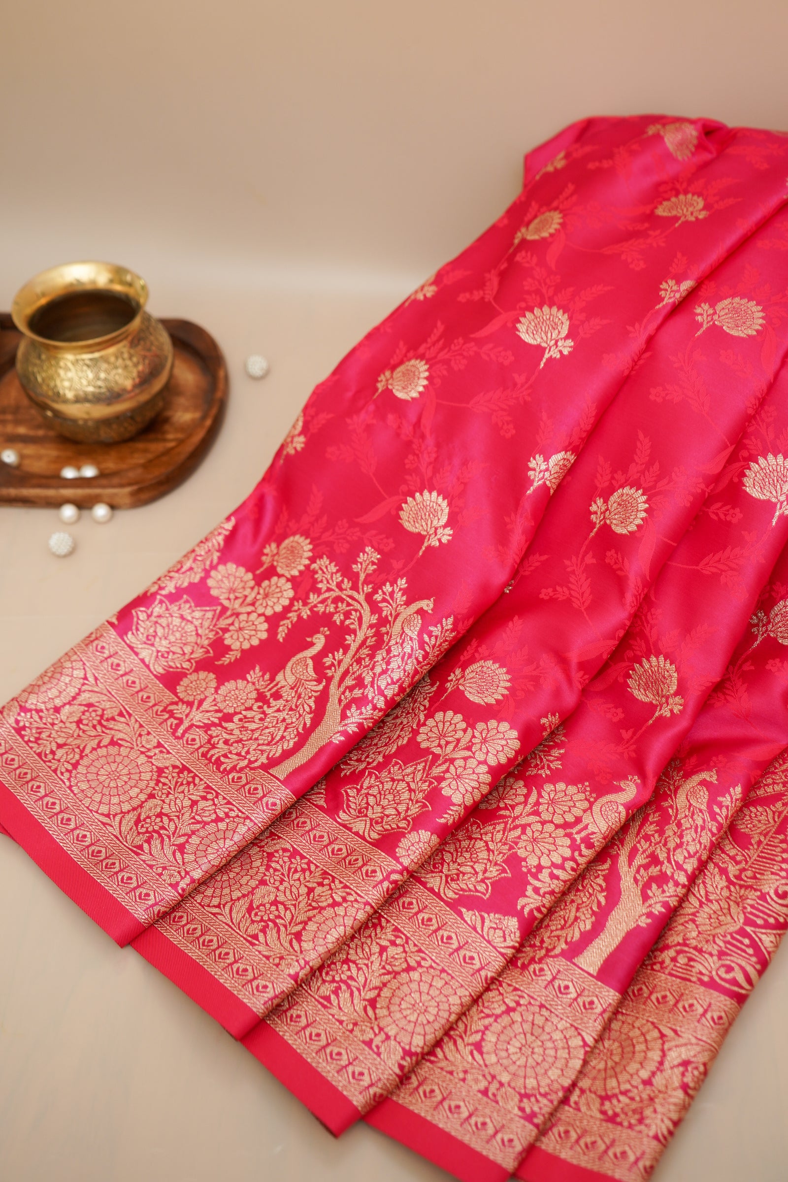 Rose Pink Mashroo Silk Saree with Zari Buti and Ornate Border