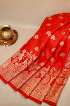 Vermilion Red Mashroo Silk Saree with Zari Buti and Ornate Border
