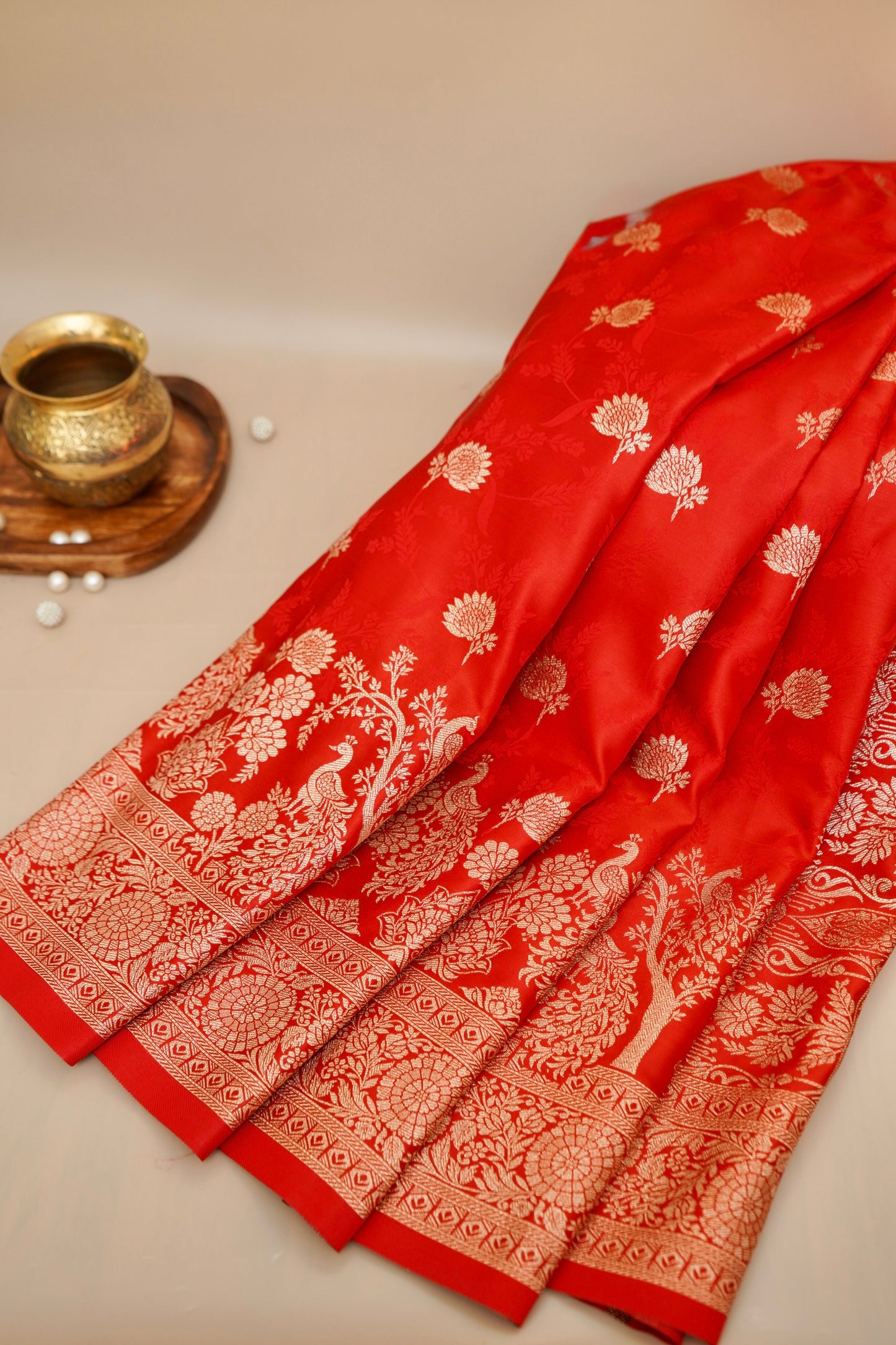 Vermilion Red Mashroo Silk Saree with Zari Buti and Ornate Border