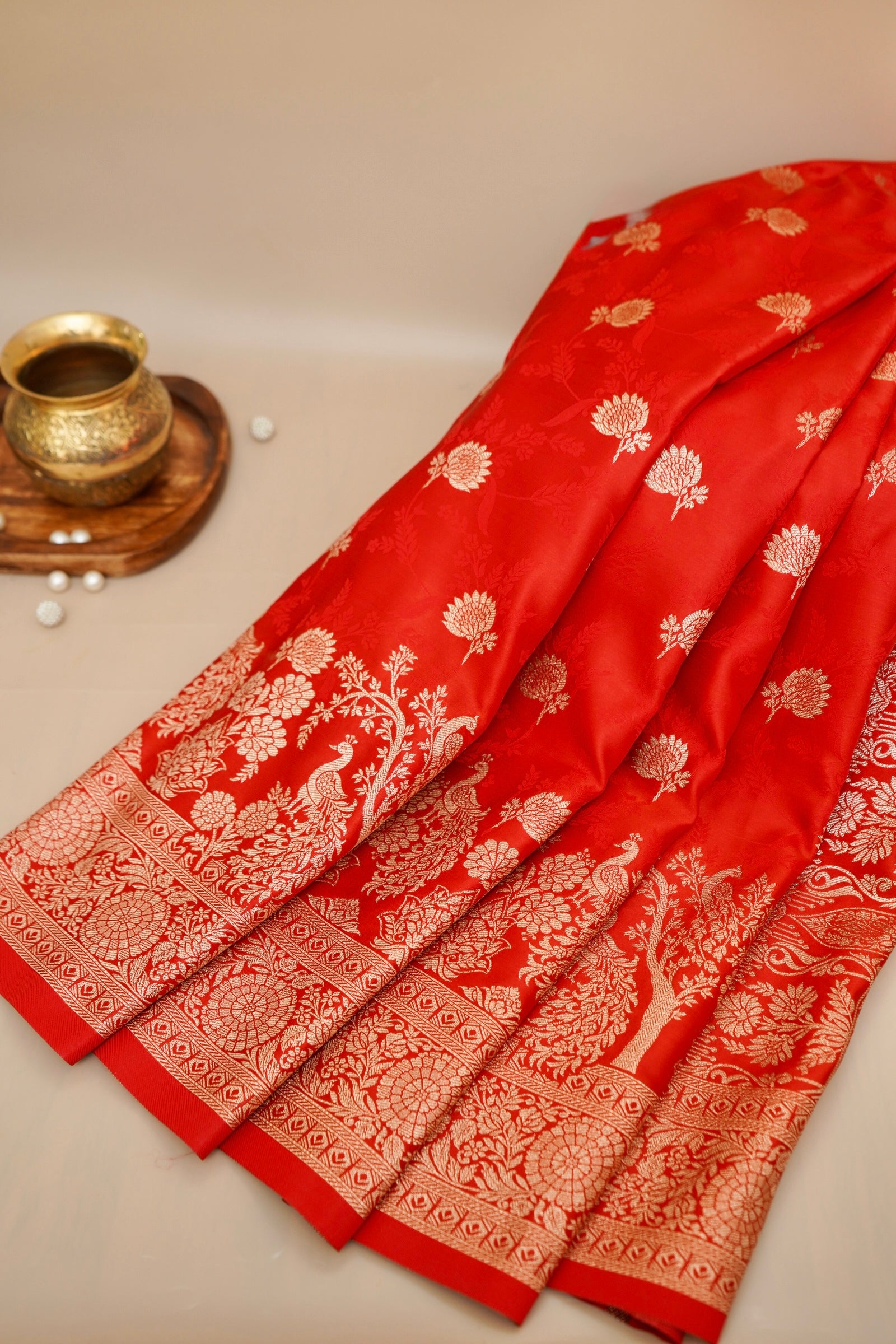 Vermilion Red Mashroo Silk Saree with Zari Buti and Ornate Border
