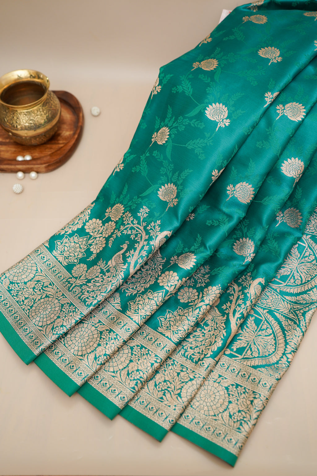 Emerald Green Mashroo Silk Saree with Zari Buti and Ornate Border