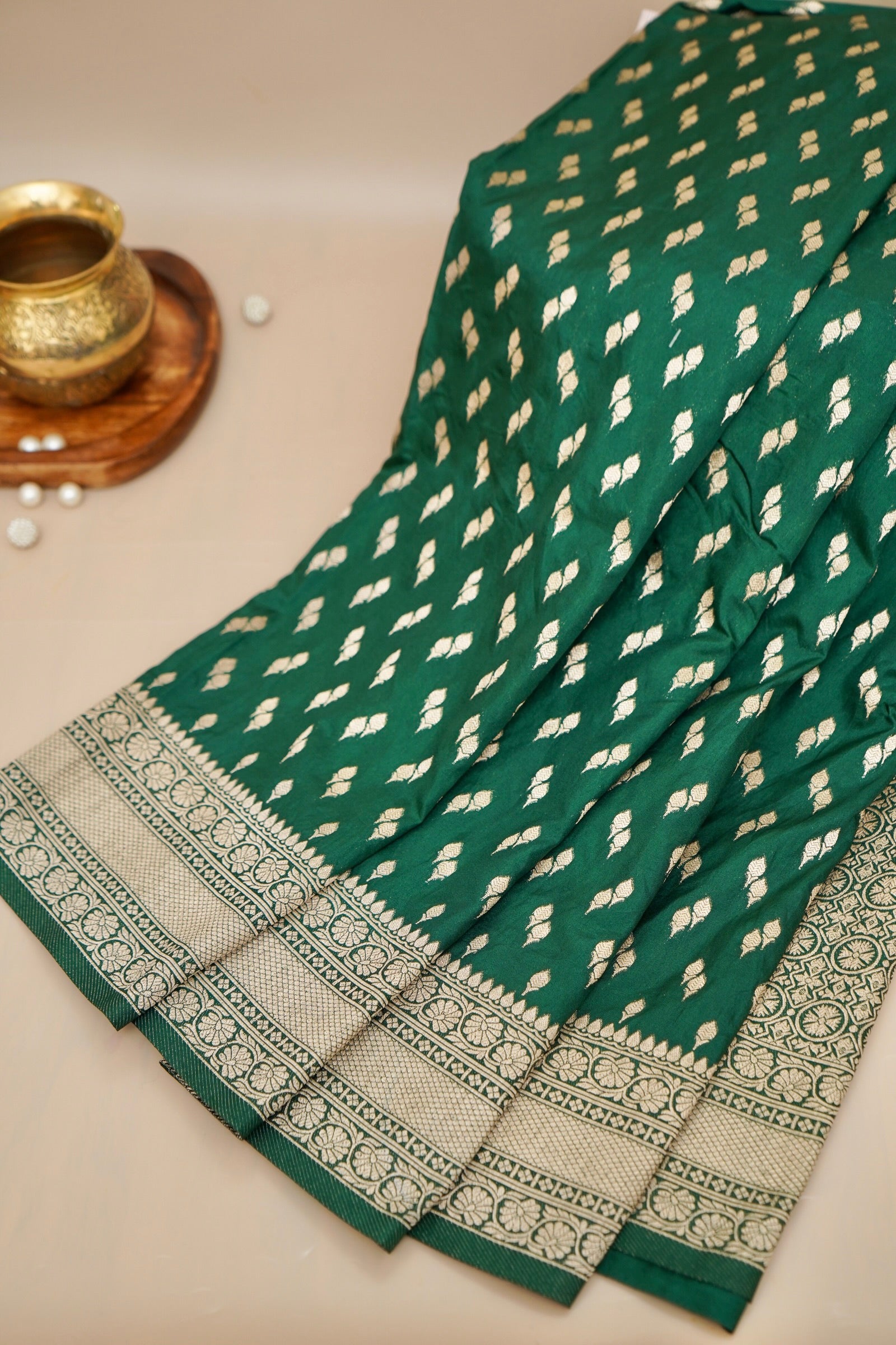 Emerald Green Katan Silk Fancy Saree with Zari Buti and Ornate Border