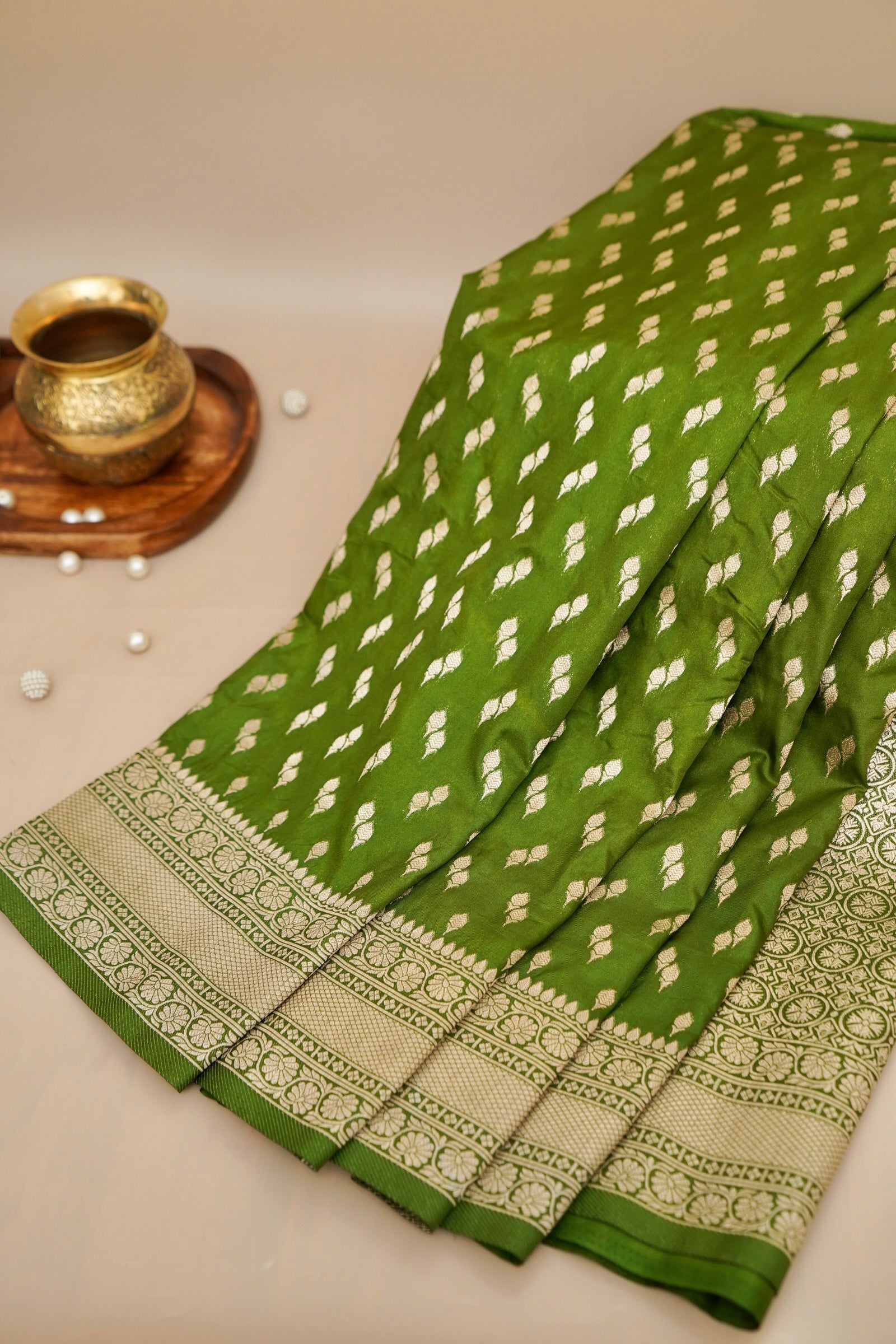 Lime Green Katan Silk Fancy Saree with Zari Buti and Ornate Border