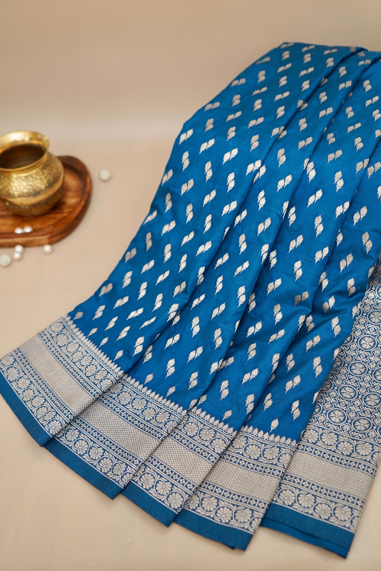 Steel Blue Katan Silk Fancy Saree with Zari Buti and Ornate Border