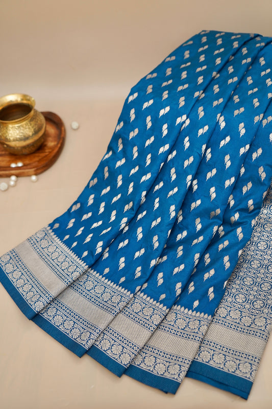 Steel Blue Katan Silk Fancy Saree with Zari Buti and Ornate Border