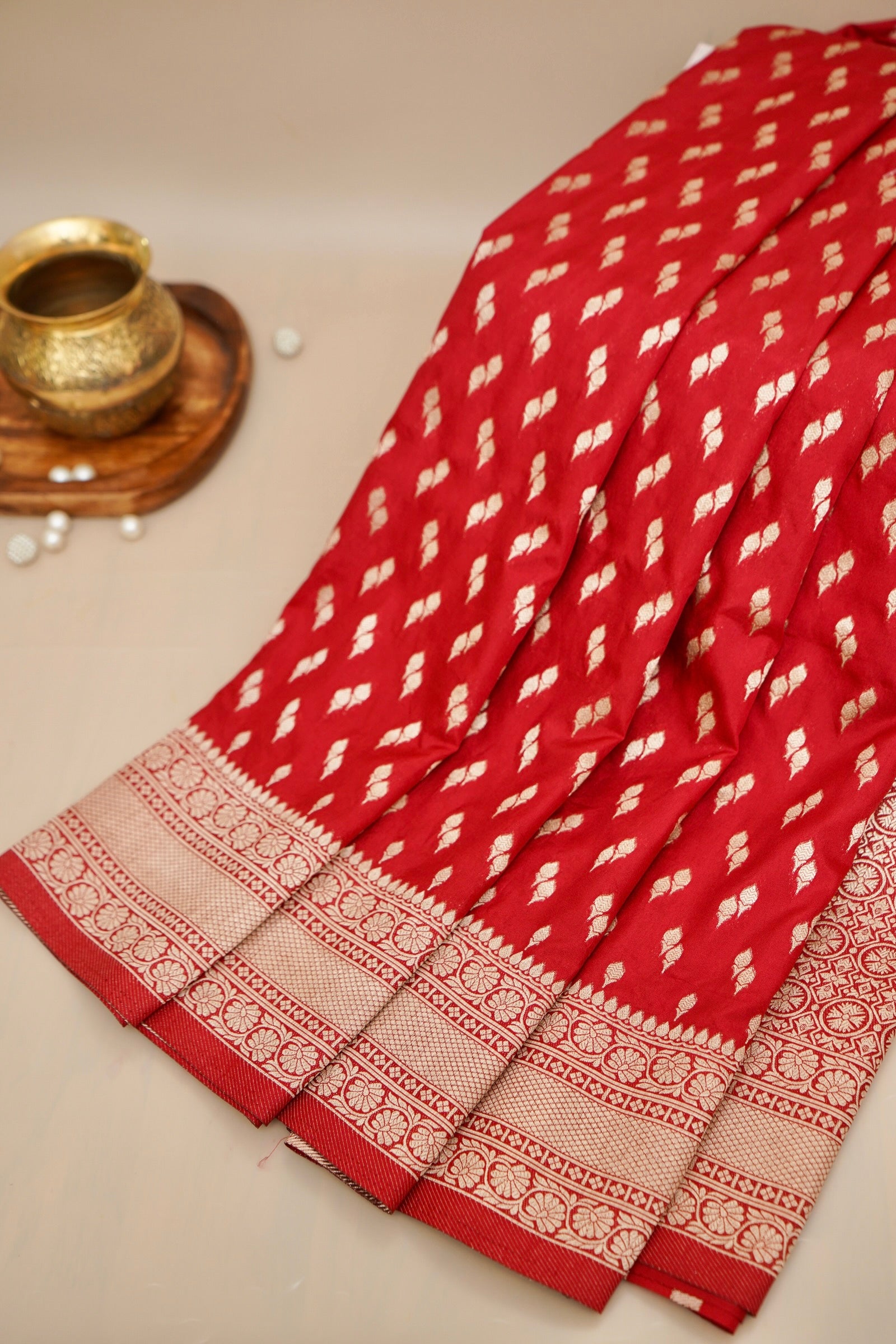 Vermilion Red Katan Silk Fancy Saree with Zari Buti and Ornate Border