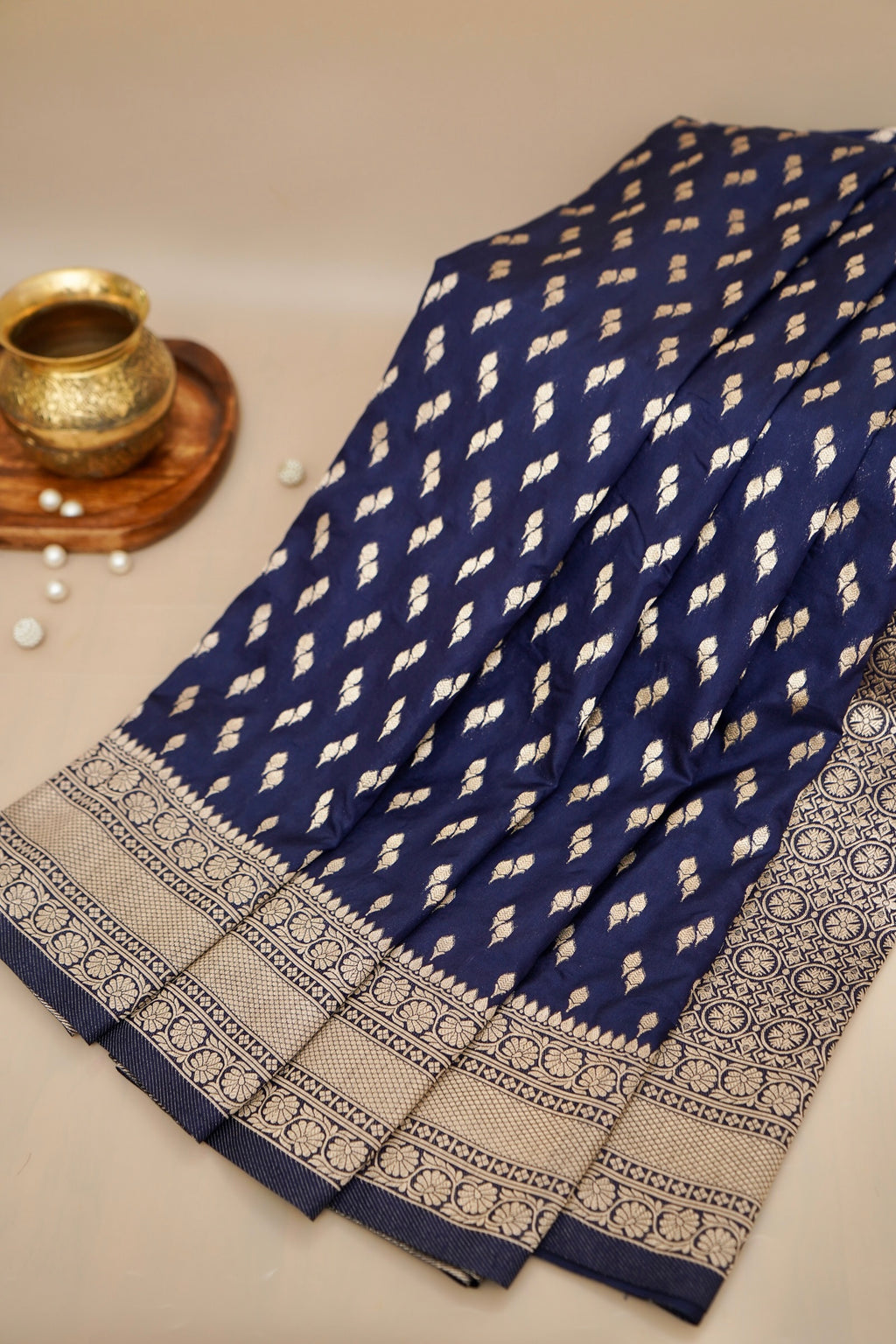 Navy Blue Katan Silk Fancy Saree with Zari Buti and Ornate Border
