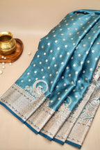 Teal Blue Mashroo Silk Saree with Zari Buti and Ornate Border