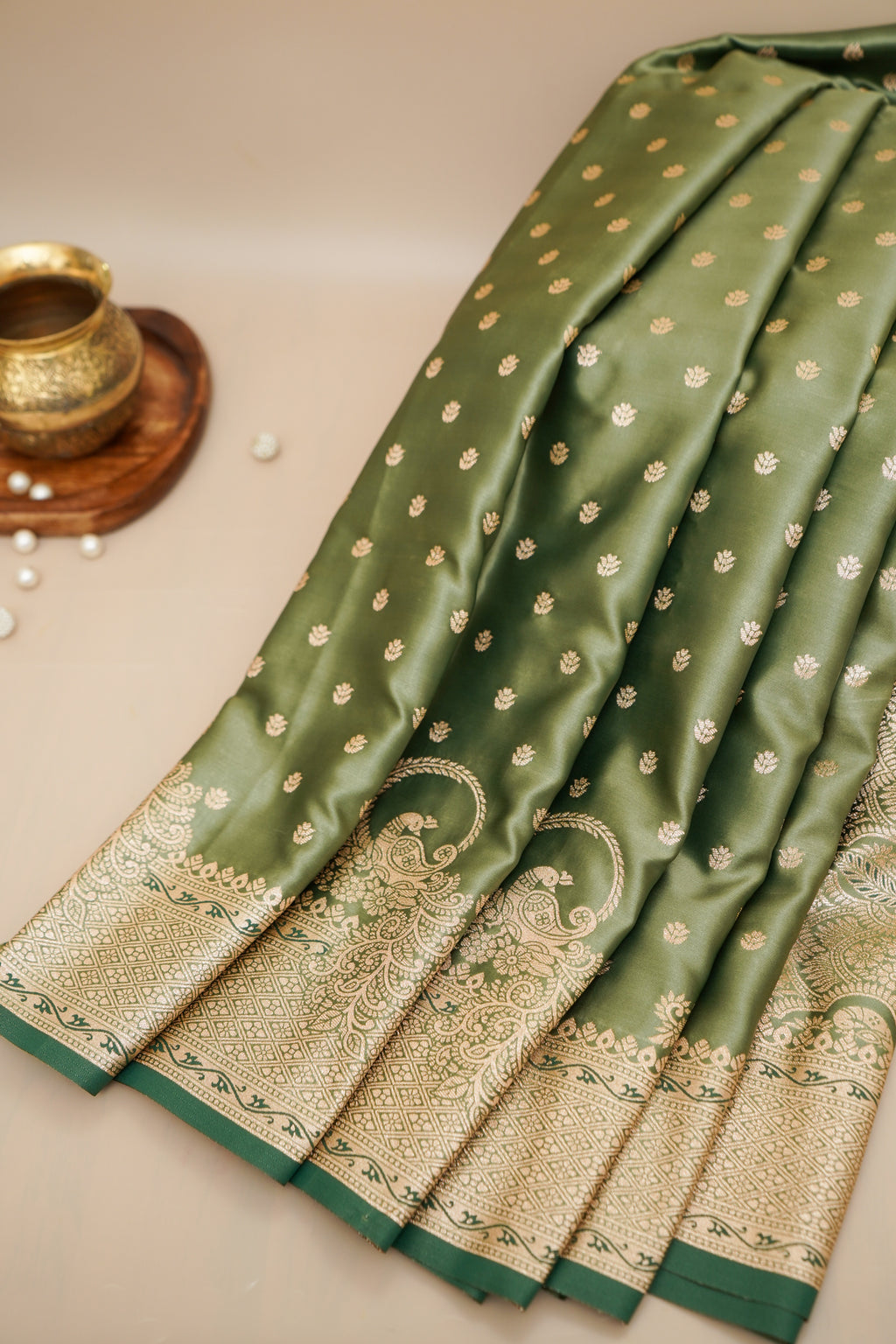 Olive Green Mashroo Silk Saree with Zari Buti and Ornate Border