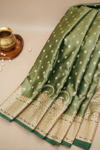 Olive Green Mashroo Silk Saree with Zari Buti and Ornate Border