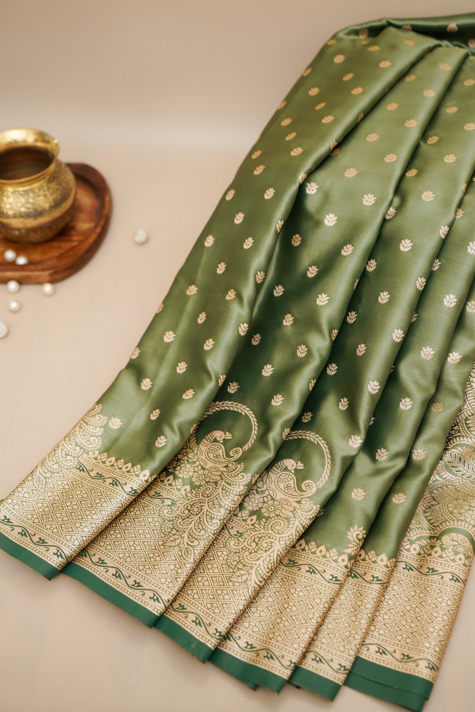 Olive Green Mashroo Silk Saree with Zari Buti and Ornate Border