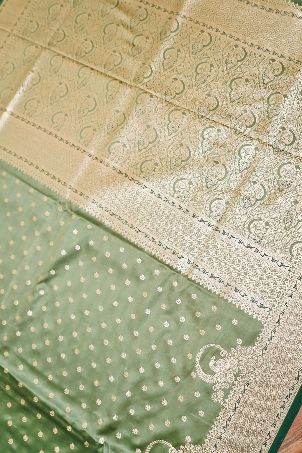 Olive Green Mashroo Silk Saree with Zari Buti and Ornate Border